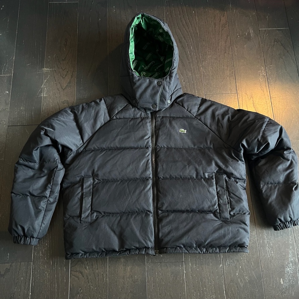 Lacoste L!VE Men's black green logo Print Reversible Quilted Jacket size 38 - Picture 1 of 15